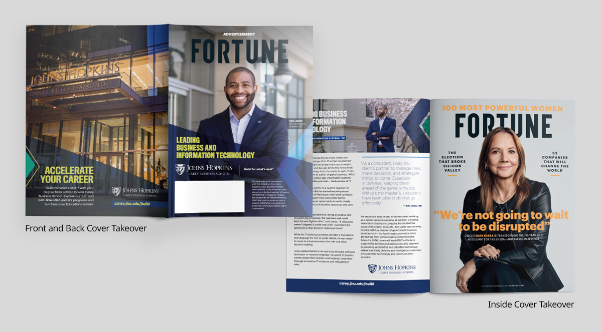 3D Mockups of the outside cover spread and inside front spread of the Johns Hopkins Care ySchool of Business cover wrap ad, wrapping around an issue of FORTUNE Magazine