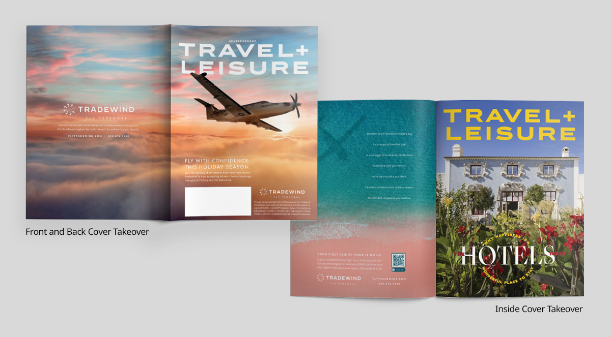 3D Mockups depicting the outside cover spread and inside front spread of the Tradewind Cover Wrap ad around Travel + Leisure Magazine