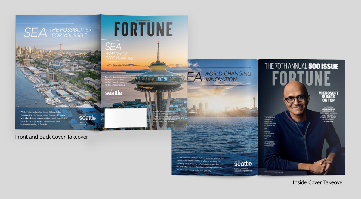 Digital Mockup imagery showing the outside cover and inside front of the Visit Seattle Cover Wrap around a copy of FORTUNE Magazine