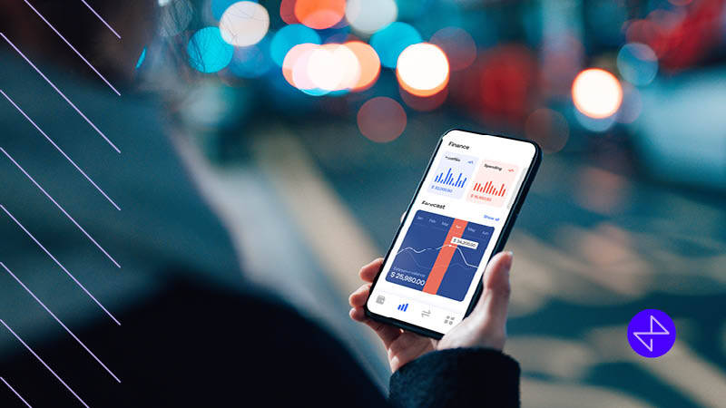 woman looking at financial services app on mobile device, in right-hand, display has 3 charts with financial data visualization